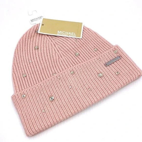 Michael Kors Crystal Embellished Logo Beanie Hat One Size Powder Blush Nwt $88 main image 5